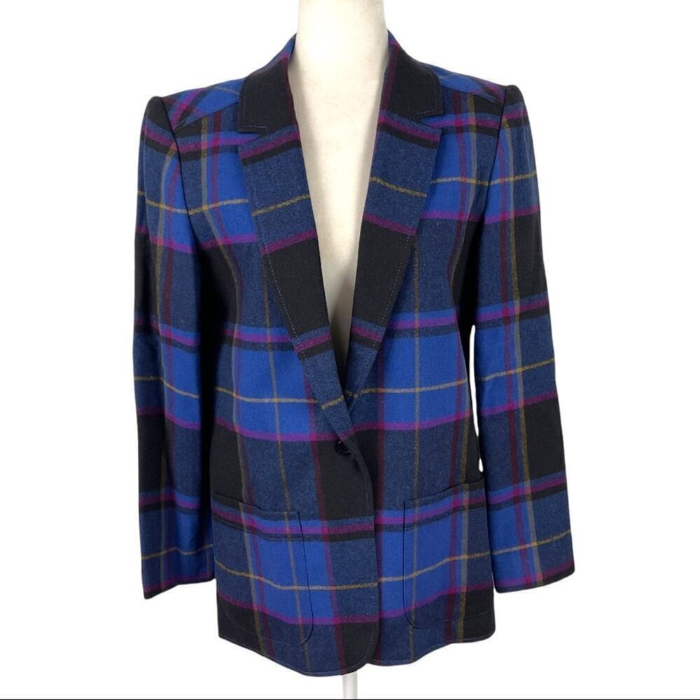 Vintage Patty Woodard 70's Retro Blue Plaid Wool Single Breasted Blazer SZ11/12